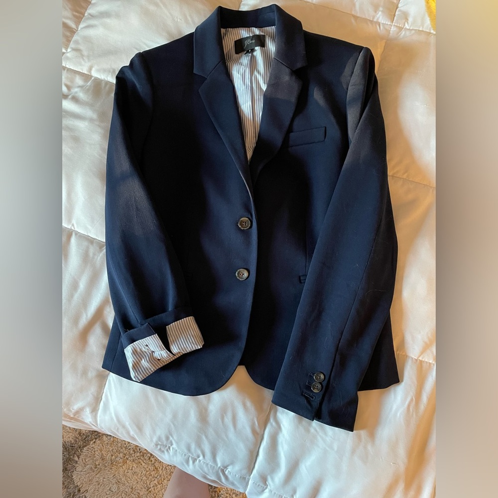 J Crew Blue blazer with striped blue interior. Size small.